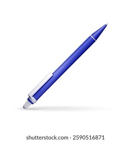 3D detailed classic ballpoint pen isolated on white. Render blue pen with button. Office and school equipment, stationery. Vector illustration