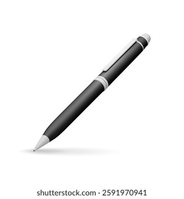 3D detailed classic ballpoint pen isolated on white. Render black pen with button. Office and school equipment, stationery. Vector illustration