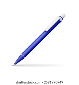 3D detailed classic ballpoint pen isolated on white. Render blue pen with button. Office and school equipment, stationery. Vector illustration