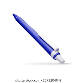 3D detailed classic ballpoint pen isolated on white. Render blue pen with button. Office and school equipment, stationery. Vector illustration