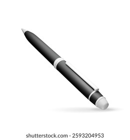 3D detailed classic ballpoint pen isolated on white. Render black pen with button. Office and school equipment, stationery. Vector illustration