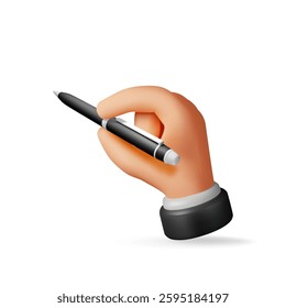 3D detailed classic ballpoint pen in hand isolated on white. Render black pen with button. Office and school equipment, stationery. Vector illustration