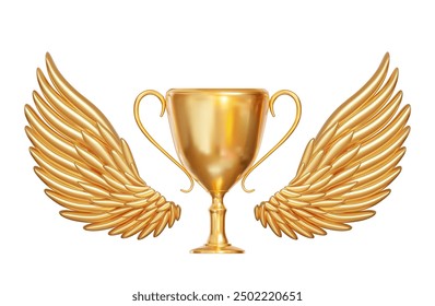 3d detailed golden angel wings and trophy cup. Symbol of sports and business achievements. Stock vector illustration on isolated background.