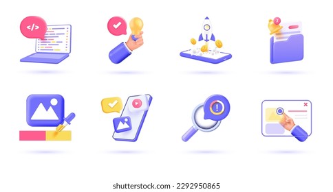 3d Development icon set. Trendy illustrations of Programming, Testing, Coding, Network security, Programmer, Website layout, Optimization, etc. Render 3d vector objects