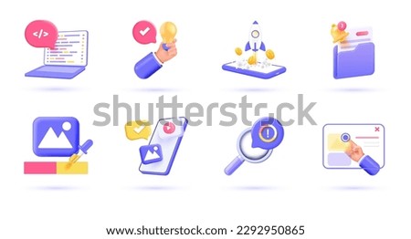 3d Development icon set. Trendy illustrations of Programming, Testing, Coding, Network security, Programmer, Website layout, Optimization, etc. Render 3d vector objects