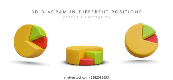 3d diagram in different positions. Pie chart with tick marks in yellow, green and red colors. Concept of sale. Vector illustration in 3d style with place for text