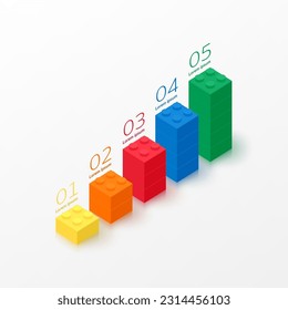 Bloque de construcción de juguetes de diagrama 3D, ladrillos para niños. Gráfica, gráfico, estadística de barras. escalón de paso de ladrillo infantil, excelente negocio, solución de liderazgo, banco, finanzas, inversión, dinero. ilustración vectorial