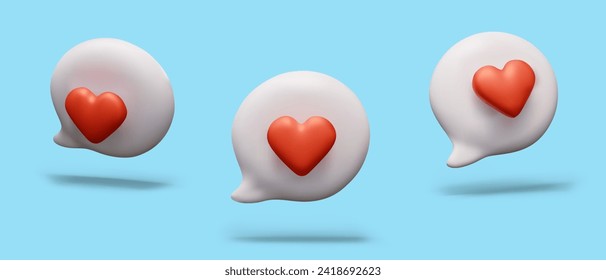 burbuja de diálogo 3D con el corazón, como. Coqueteo en línea, correspondencia romántica, comunicación