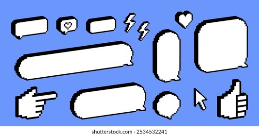 3d dialogue box. Pixel empty speech bubbles. Y2k trendy stickers for collage, poster. Modern shape for chat, text message, dialog, conversation frame. Retro style, icons. Futuristic 3d vector elements