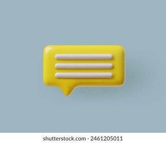 Icono de burbuja de diálogo 3D en color amarillo con franjas de voz blancas. Chat en la nube en estilo de dibujos animados, rectangular y situado en un fondo azul para las redes sociales.