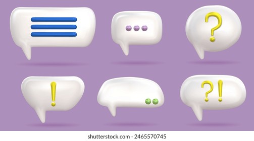 3d dialogue bubble various cloud set with different sign. White speak balloon for social media. 3d speech box render vector.