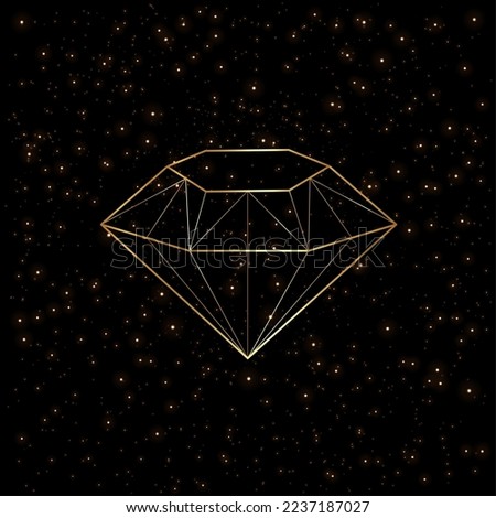 3d diamond shape gold logo, golden luxury icon in line art style on starry sky with black background, vector illustration