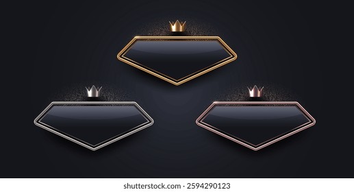 3d diamond shape luxury sign with metal frame and crown. Gold, silver and bronze metallic luxury sign on black background. Vector set.