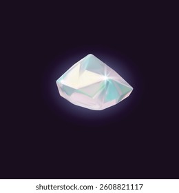 3D Diamond vector icon. Realistic gem stone with pearl shine effect. Render glowing holographic iridescent crystal glass jewelry. Volume precious treasure stone with glare on dark background