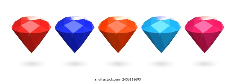 Diamantes 3D de diferentes colores. Juego de diamantes de dibujos animados de colores. Ilustración del vector