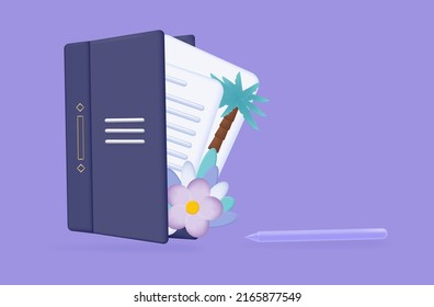 3d diary plan or workbook. Vector banner of filling goals and daily entries. Achievement distribution concept. Memo, notepad with pages, planner with schedule. Book, business magazine, agenda with pen