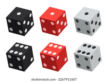 3d Dice. Black, red, white dice. Vector clipart isolated on white background.