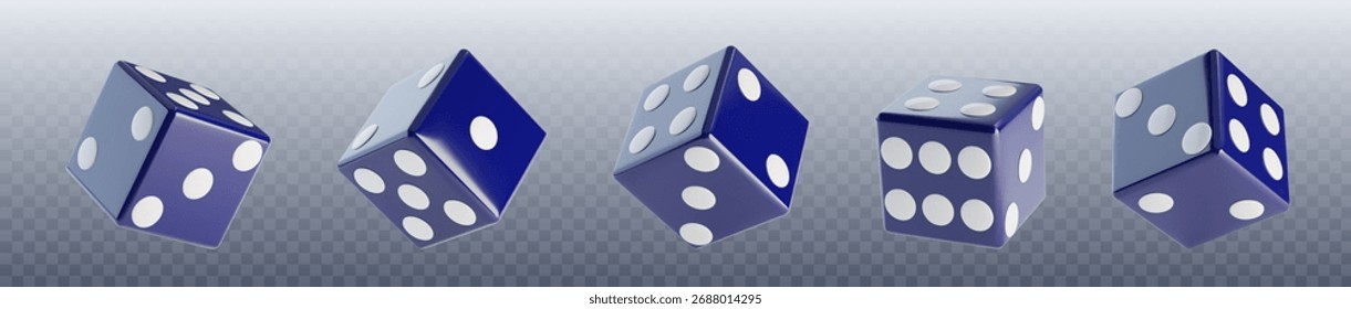 3d dice collection in blue with white dots shown from various angles on transparent background. Realistic cubes displaying different numbered faces for casino, gaming or probability illustrations.