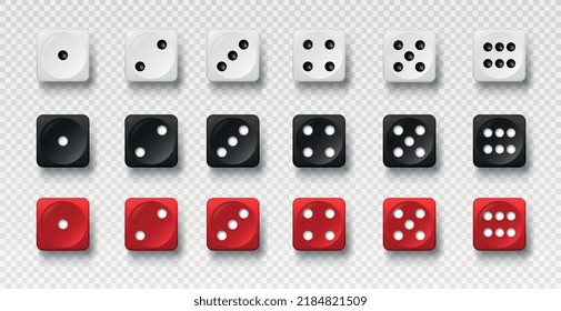 3D dice set. Collection of inventory for lotteries and gambling. Multicolored cubes with numbers on copy space. Realistic three dimension vector illustrations isolated on transparent background