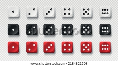 3D dice set. Collection of inventory for lotteries and gambling. Multicolored cubes with numbers on copy space. Realistic three dimension vector illustrations isolated on transparent background