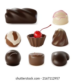 3d Different Chocolate Candies Set Plasticine Cartoon Style Isolated on a White Background. Vector illustration of Assortment Plastic Sweet Cocoa Candy Dessert