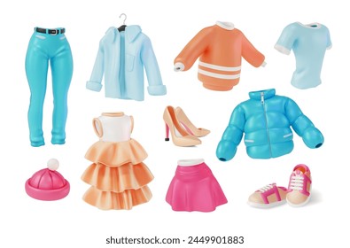 3d Different Clothing Concept Cartoon Design Style Include of Pair Shoes, Hat, Jeans Dress with Ruffles, Beige High Heels, Sweater and Down Jacket. Vector illustration