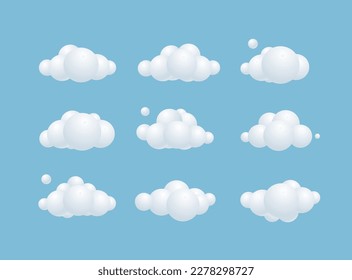3d Different Clouds Set Plasticine Cartoon Style on a Blue Sky Background. Vector illustration of Cloud