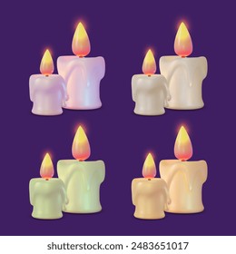 Conjunto de velas de cera de quemadura de color diferente 3d Concepto Estilo de diseño de dibujos animados. Ilustración vectorial de velas para celebración o aromaterapia