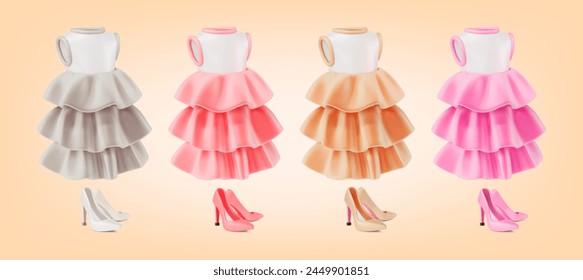 3d Different Color Clothes Female Dress and High Heels Cartoon Design Style. Vector illustration of Girl Wardrobe Element