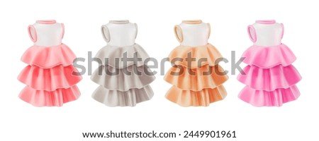 3d Different Color Clothes Female Dress Set Cartoon Design Style. Vector illustration of Girl Wardrobe Element