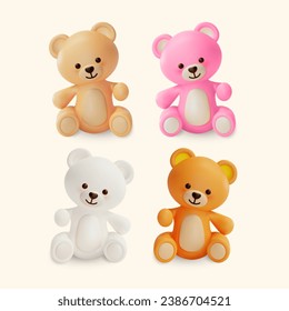 3d Different Color Cute Teddy Bear Toy Set Cartoon Style Symbol of Romance and Childhood. Vector illustration of Baby Bear Doll Character