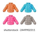 3d Different Color Down Jacket Set Cartoon Design Style Winter or Autumn Warm Clothes Concept. Vector illustration