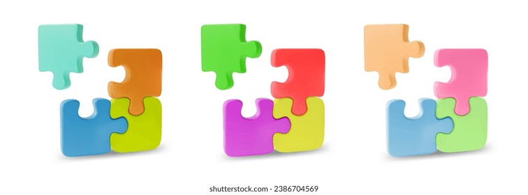 3d Different Color Jigsaw Puzzle Set Cartoon Style Game or Teamwork Concept . Vector illustration of Puzzles Parts