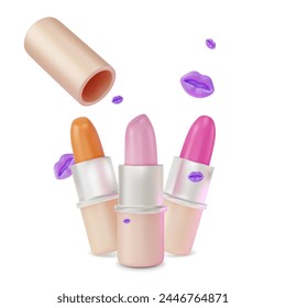 3d Diferente Color Labial Tubo Abierto Conjunto Diseño de Dibujos Animados Estilo Aislado sobre un Fondo Blanco. Ilustración vectorial del concepto de Producto cosmético de maquillaje