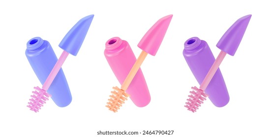 3d Different Color Mascara Open Tube Set Cartoon Design Style. Vector illustration of Makeup Cosmetic Product Concept