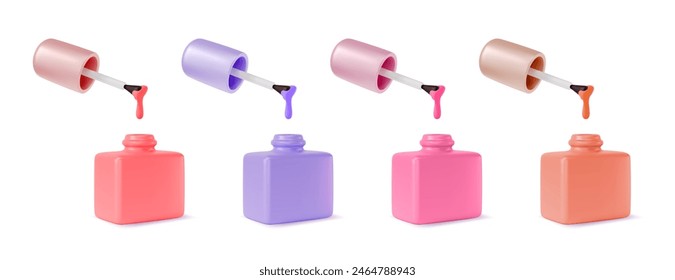 3d Different Color Nail Polish Bottle with Brush or Lacquer Set for Manicure and Pedicure Cartoon Design Style. Vector illustration