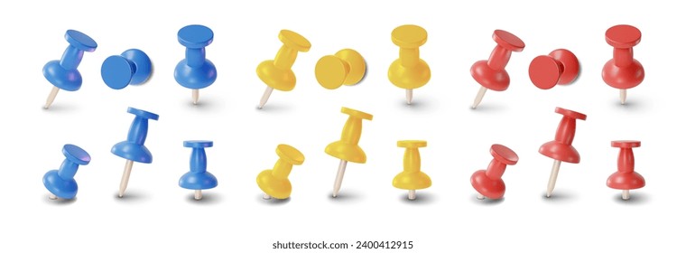 3d Distintos Pines De Empuje De Color Establecen Diferentes Ángulos Estilo De Dibujo Elemento Estacionario De Negocios. Ilustración vectorial de la herramienta Pin o Pushpin