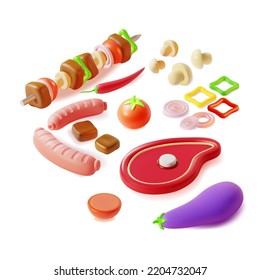 3d Different Colorful Barbecue Summer Party Food Set Plasticine Cartoon Style Include of Sausage and Steak. Vector illustration