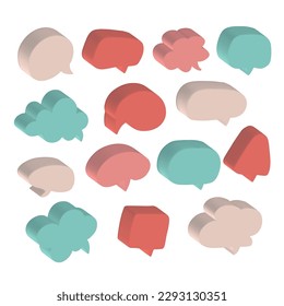 3d colores diferentes juego de burbujas de voz, colección de iconos de mensajes de chat de redes sociales. Vacía burbujas de texto en varias formas, comentarios, globo de diálogo. Nubes pensadas de diferentes formas. eps10 vectoriales