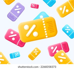 3d Different Cupons Seamless Pattern Background Plasticine Cartoon Style Isolated on a White. Vector illustration of Gift Voucher Coupon