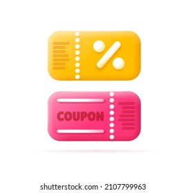 3d Different Cupons Set Plasticine Cartoon Style Isolated on a White Background. Vector illustration of Gift Voucher Coupon