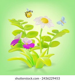 3d Different Flowers in Grass with Flying around Ladybug Insect and Butterfly Cartoon Style. Vector illustration