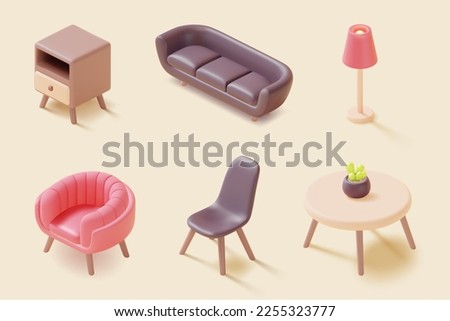 3d Different Furniture Home Set Plasticine Cartoon Style Include of Chair, Armchair and Sofa. Vector illustration