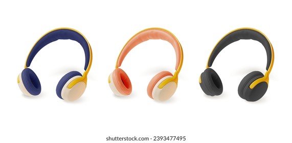 3d Diferentes audífonos Música Gadget Accesorio Set Cartoon Style Aislado en un fondo blanco. Ilustración vectorial de auriculares inalámbricos