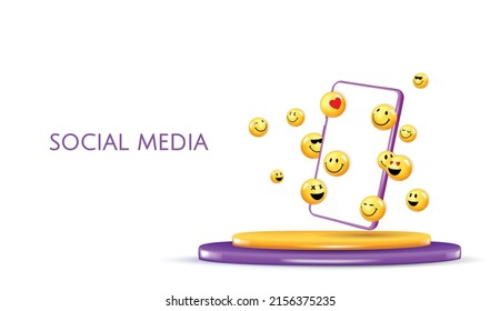 3D and different kinds of emoji with a smartphone. Realistic 3d. Vector illustration