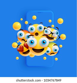 3D and different kinds of emoticons with matte smartphone, vector illustartion