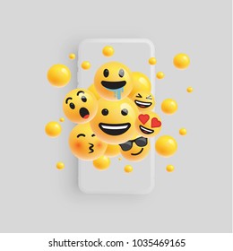 3D And Different Kinds Of Emoticons With Matte Smartphone, Vector Illustartion
