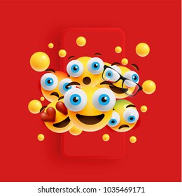 3D and different kinds of emoticons with matte smartphone, vector illustartion