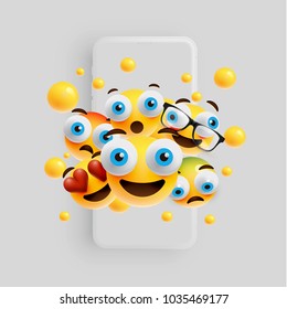 3D and different kinds of emoticons with matte smartphone, vector illustartion