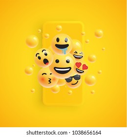 3D and different kinds of emoticons with matte smartphone, vector illustartion